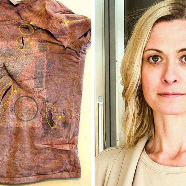 Till vänster: En blodig tröja med flera hål från en kniv. Till vänster: Malin Axelsson, åklagare vid åklagarkammaren i Linköping.