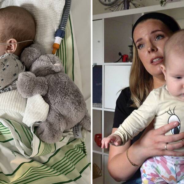 Till höger en bebis med en plastslang i  näsan, barnet sover och ligger i en sjukhussäng tillsammans med ett gosedjur. Till höger en kvinna i svart t-shirt som håller den nu friska bebisen i famnen.