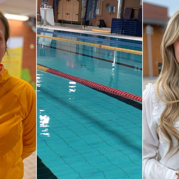 Bildkollage med två personer och simbassäng i mitten.
