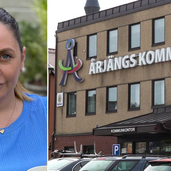 Till vänster: porträtt på kvinna i blå bkus. Till höger Årjängs kommunhus, exteriör.