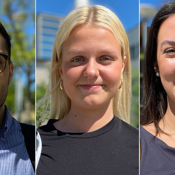 Porträttbild på tre unga personer som svarar på frågor om telefonskräck vid MDU i Västerås.