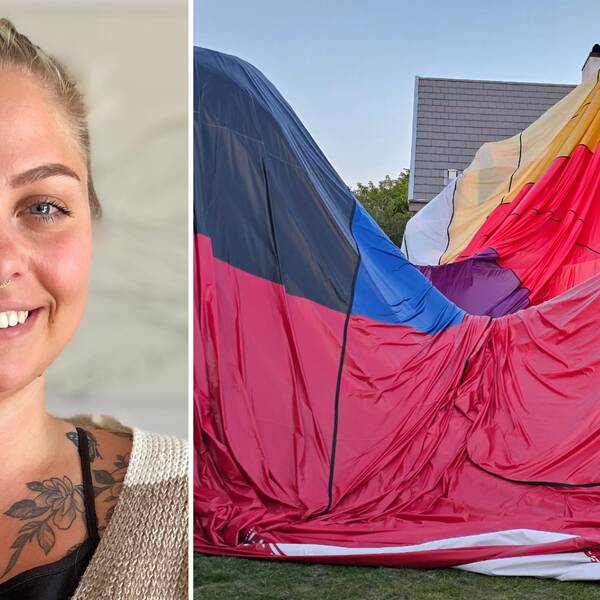 Luftballong som landat i en trädgärd utanför Staffanstorp. Sofia Strömberg som var med ombord i ballongen.
