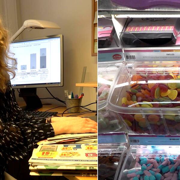 lösviktsgodis, färglada godisar, forskningsassistenten Melissa Mjöberg sitter vid skrivbordet och har reklamblad framför sig.