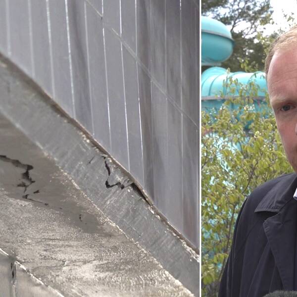 Delad bild. Till vänster sprucken balk på Storsjöbadet. Till höger Niklas Daoson (S), kommunstyrelsens ordförande i Östersund. Han är rödlätt har skäggstubb och är klädd i svart jacka och ljusblå skjorta.