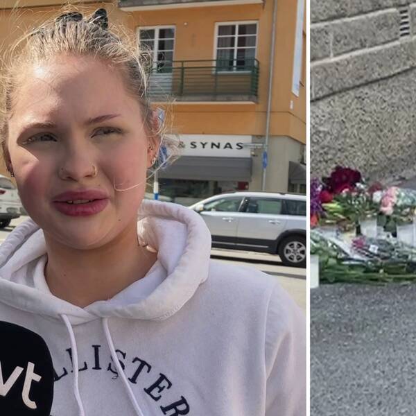 Bilden är delad i två. Den vänstra bilden är en bild från när SVT intervjuar en ung tjej. Den högra bilden är en bild från en brottsplats där rosor och ljus har lagts fram.