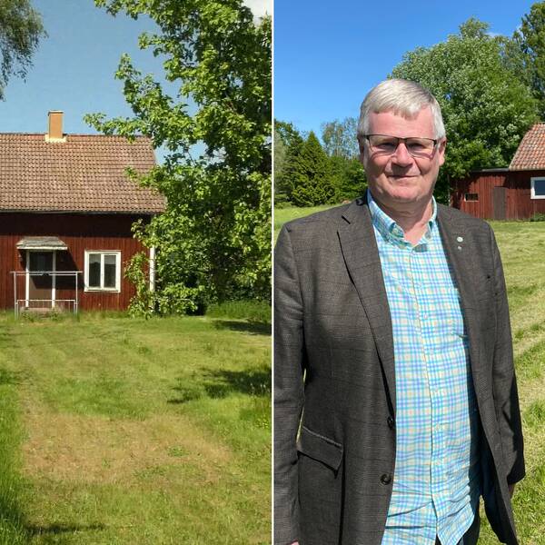 Till vänster ett rött ödehus på landet. till höger en man i kavaj och en kvinna i grön blus