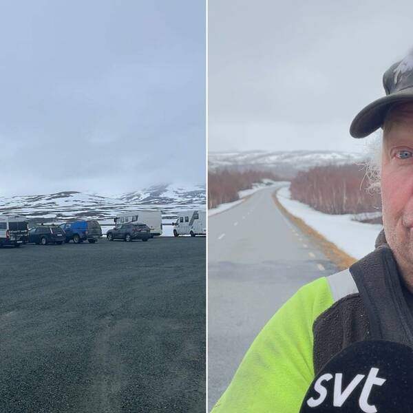 Delad bild, på väg med husbilar och man i keps
