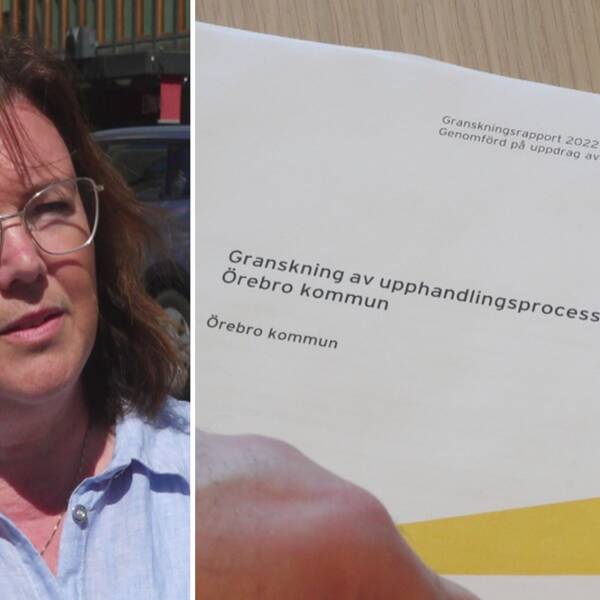 Tvådelad bild. Johanna Larsson, ekonomichef i Örebro kommun, kvinna med glasögon och brunt hår till vänster. Till höger flera dokument och en hand.