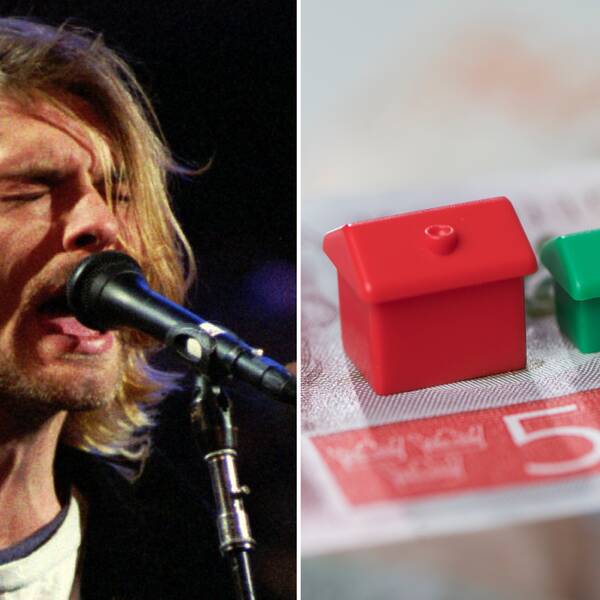 Sångaren i grunge-bandet Nirvana plus bild med Monopol-hus och sedel.