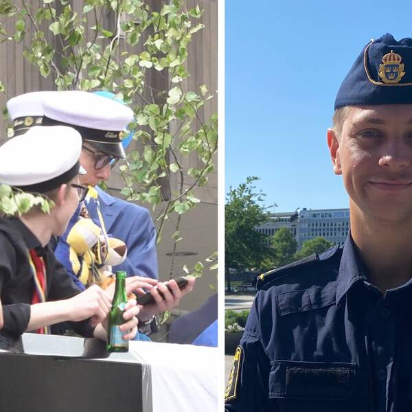 Studenter på ett flak samt kommunpolisen Fredric Palmqvist i uniform som tittar in i kameran.