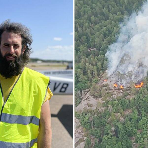 Hobbypiloten Peter Björkman, men med stort mörkt skägg och reflexväst framför ett brandflyg. Till höger en skogsbrand.