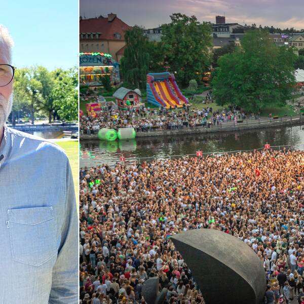 Kollage med man till vänster och till höger publik framför en scen på Cityfestivalen i Västerås.