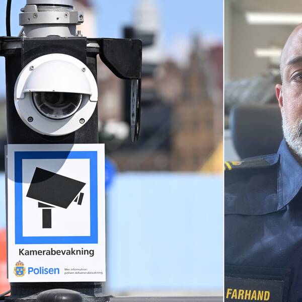 Kollage med övervakningskamera till vänster och porträttbild på polis till höger.