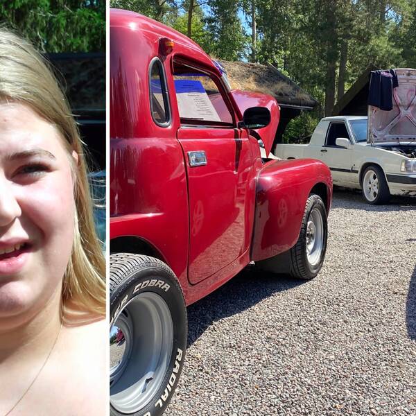 Julia Karlsson från föreningen Vi unga motorburna till vänster, till höger bild på a-traktorer i olika färger.