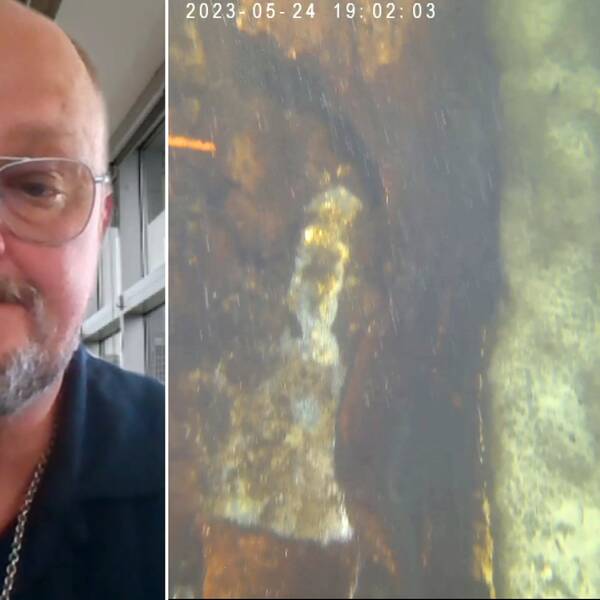 Robert Venema tillsammans med undervattensbilder från explosionen.