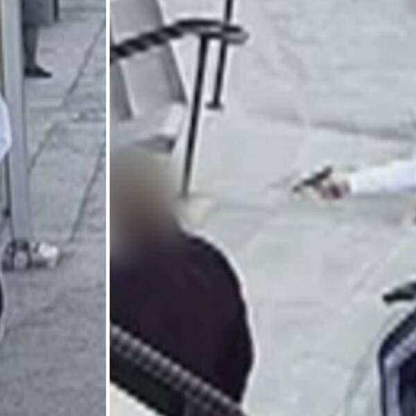 Bilder ur polisens förundersökning visar hur en man med vit hoodie och svarta byxor först går mot centralstationen i Eskilstuna (till vänster) och sedan tar upp en pistol och börjar skjuta mitt bland alla människor (till höger).