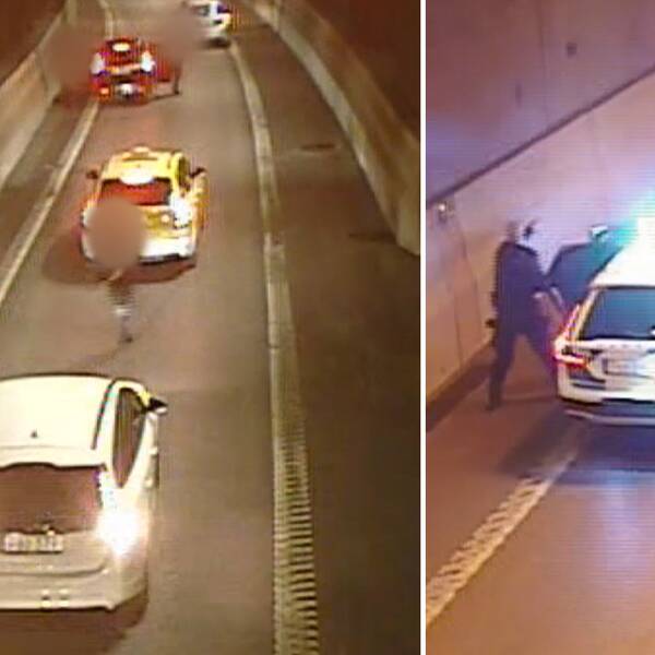 Övervakningsbilder från Björktunneln vid Gullmarsplan i Stockholm med bilar och polisbilar efter att en man skjutits till döds.