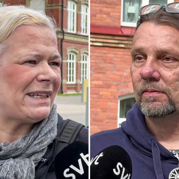 Hjärtstoppspatienterna Charlotta Johansson och Patrik Nilsson utanför Lidköpings sjukhus.