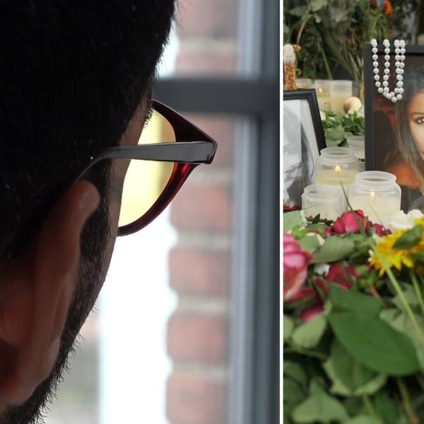 Bakhuvudet på Karolin Hakims bror som bär glasögon, till höger en bild på Karolin Hakim från minnesplatsen i Malmö efter att hon blivit mördad.