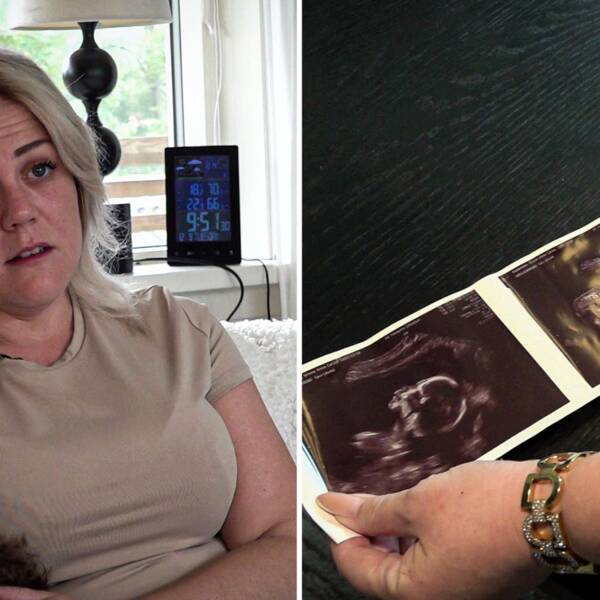 Emma Andersson sitter i sin soffa till vänster, till höger visar hon ultraljudsbilder.