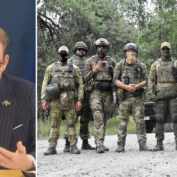 Utrikesminister Tobias Billström och soldater från Wagnergruppen.