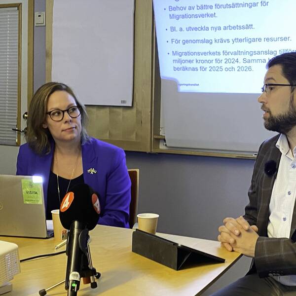 Migrationsminister, Maria Malmer Stenergard (M), och Sverigedemokraternas partiledare, Jimmie Åkesson sitter vid ett bord på en pressträff.