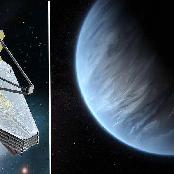 James Webb-teleskopet och planeten K2-18b som ligger 120 ljusår bort.