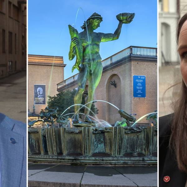 Till vänster: Hampus Magnusson (M). I mitten: Poseidon i Göteoborg. Till höger: Marie Brynolfsson (V)