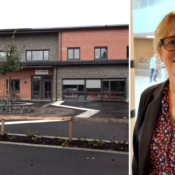 På höger sida är en bild på utsidan av den nya skolan i Rörvik och på vänster sida är det en bild på Therese Petersson som står inne i den nya skolan.