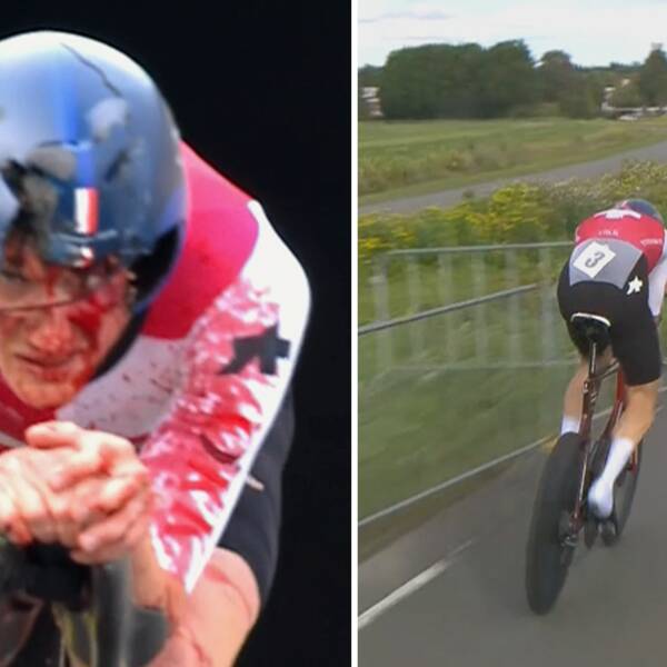 Toppcyklisten Stefan Küng var med i medaljkampen när han kraschade in i en barriär vid tempoloppet i EM i nederländska Emmen under gårdagen. Trots svåra skador tog han sig upp och cyklade in som elva.