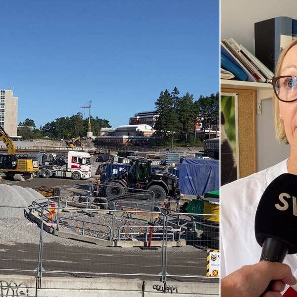 Sjukhusbygge i Västerås, byggarbetsplats. Läkaren Annika Gunnarsson intervjuas av SVT.
