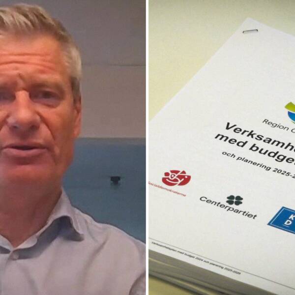 Till höger Örebros regiondirektör Rickard Simonsson. Till vänster en bild på regionens budget 2024.