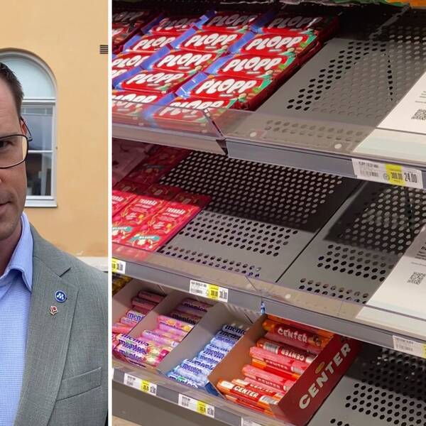 Man i kostym och glasögon framför regionhuset i Västerås, halvtom godishylla i butik