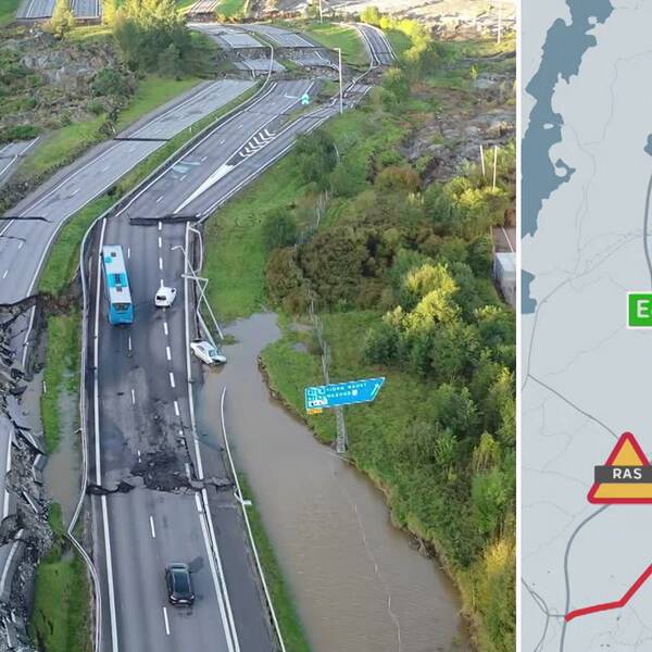 Till vänster en drönarbild på krossade E6 motorvägen. Till höger en kartgrafik som visar den omdragna vägen.