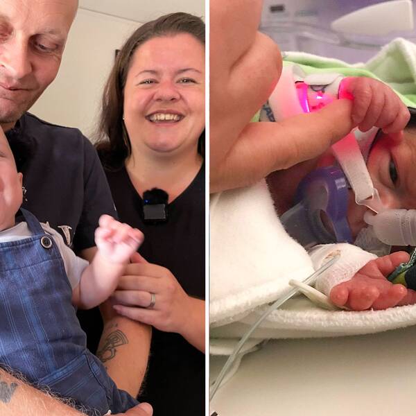 Bild på Albin med sin mamma och pappa till vänster. Till höger bild på Albin från sjukhuset, där han håller sin mammas hand.