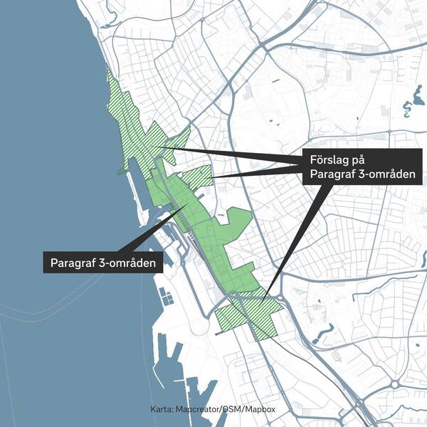 En digital karta över Helsingborg och nuvarande samt föreslagna Paragraf 3-områden.