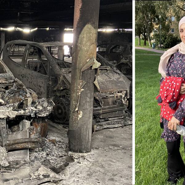 Atiaf Al-Naeem och brända bilar i ett garage.