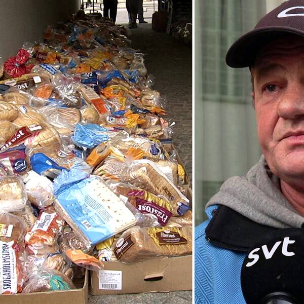 Hög med bröd. Till höger, en medelåldersman i keps (55-årige Enes).