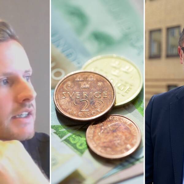 Tredelad bild: Sebastian Cehlin (M) och Andreas Svahn (S), samt några svenska kronor i mynt.