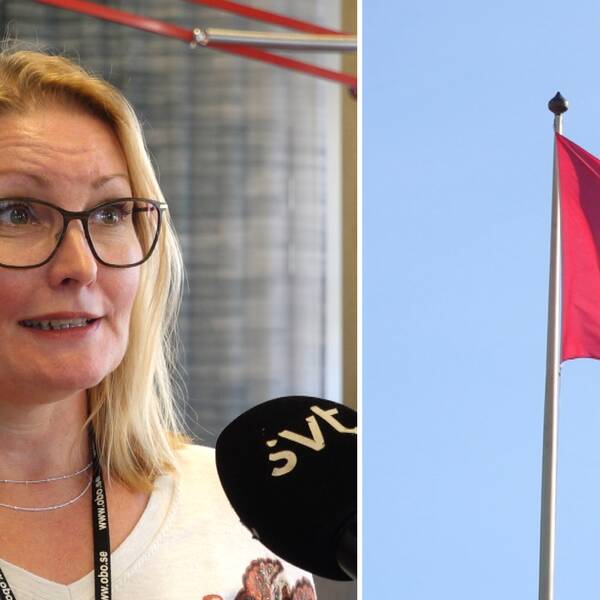 en kvinna i glasögon blir intervjuad, flagga med texten Ö B O på fladdrar i vinden