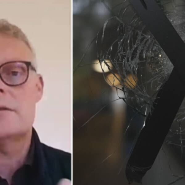 Lars Wiren, polisområdeschef i Örebro till vänster. Till höger ett fönster med skotthåll och ett kryss tejpat över hålet.