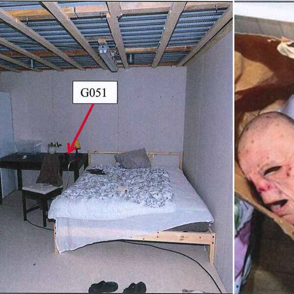 Här hölls kvinnan inspärrad i en bunker. Till höger i bild masker som hittades hos den dömde mannen.