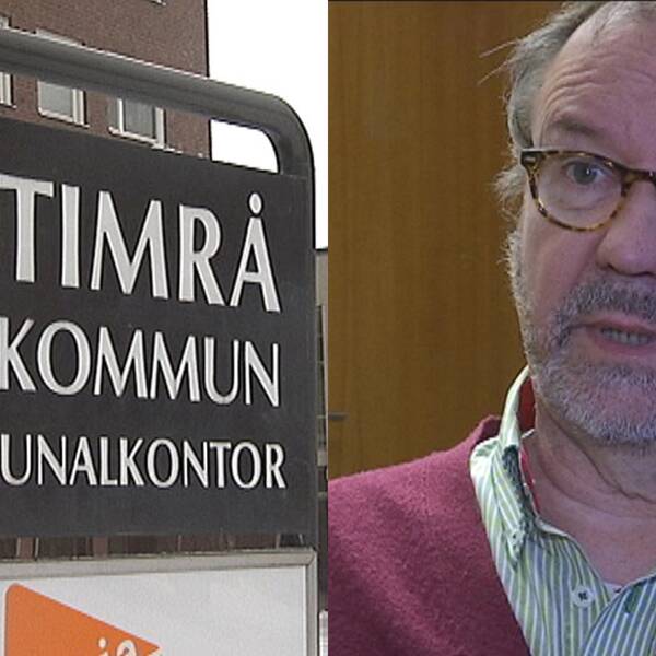 Montage med skylten utanför Timrå kommuns kommunalkontor och Per-Arne Frisk (S), socialnämndens ordförande.