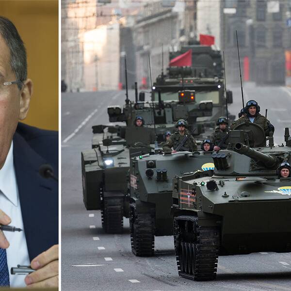 Utrikesminister Sergej Lavrov och en militärparad i Ryssland.