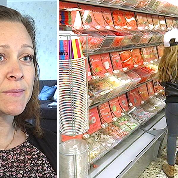 39-åriga Angelica Ortscheid. Angelica och hennes dotter vid godishyllan i affären.