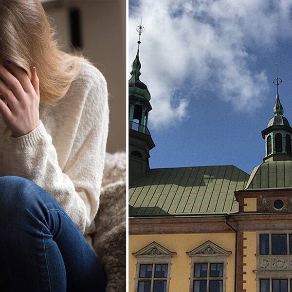 Montage: Ledsen flicka till vänster, och prideflagga vid stadshuset i Eskilstuna till höger.