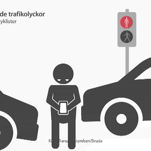 Illustrerad bild fär en person som kollar på sin mobil går mot rött och blir påkörd av bilar.