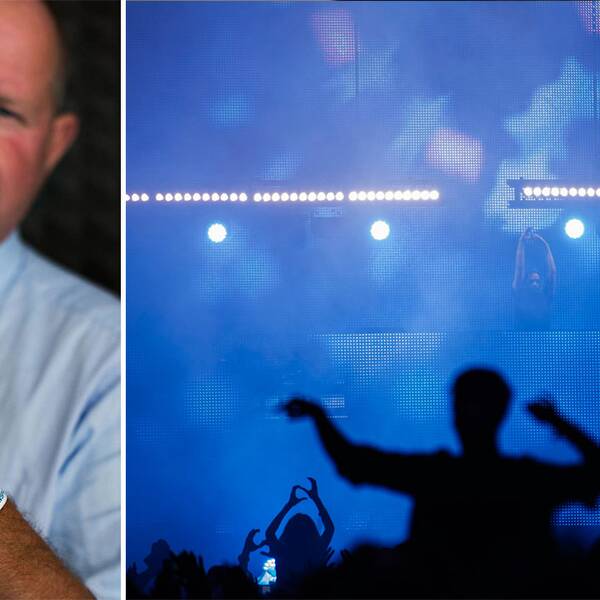 Bild på Dan Eliasson med ett armand från kampanjen och en bild från en festival.