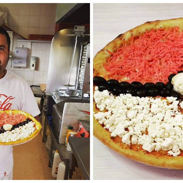 Collage: Sahid med en pokémonpizza och en närbild på en pokémonpizza.