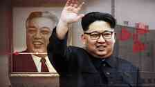 Montage: Kim Jong Un vinkar. Norkoreanskt kärnkraftverk i bakgrunden.
